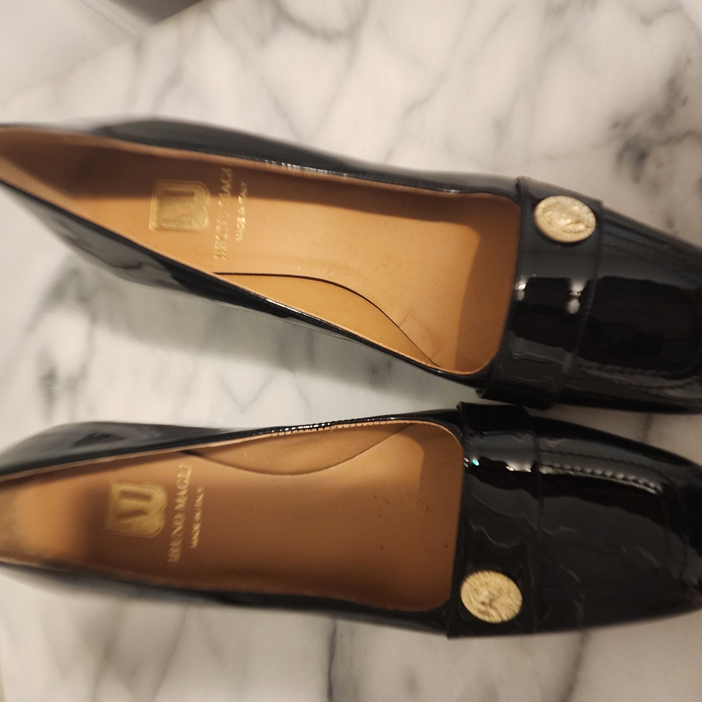 Bruno Magli Glossy Black Loafers with Gold Accents